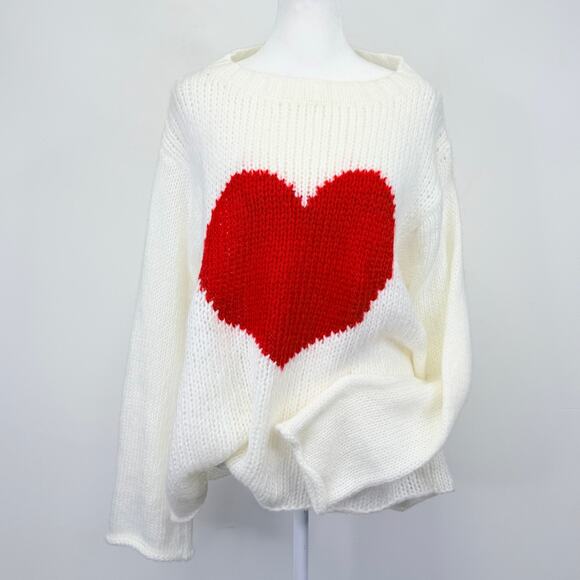 Wooden Ships Heart Sweater S/M Cream Red Mohair Wool Blend Chunky Knit Pullover - Picture 2 of 9